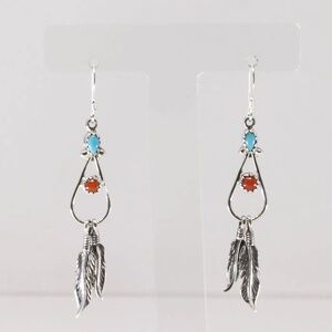 Native America Navajo Sterling Silver Coral & Turquoise Dangling Earring